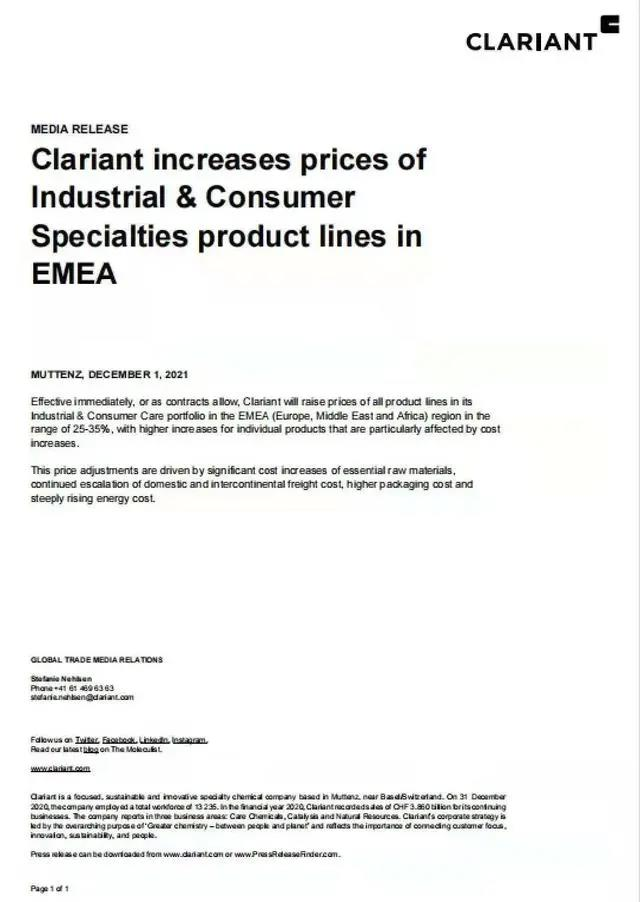 Clariant chemical raw material prices